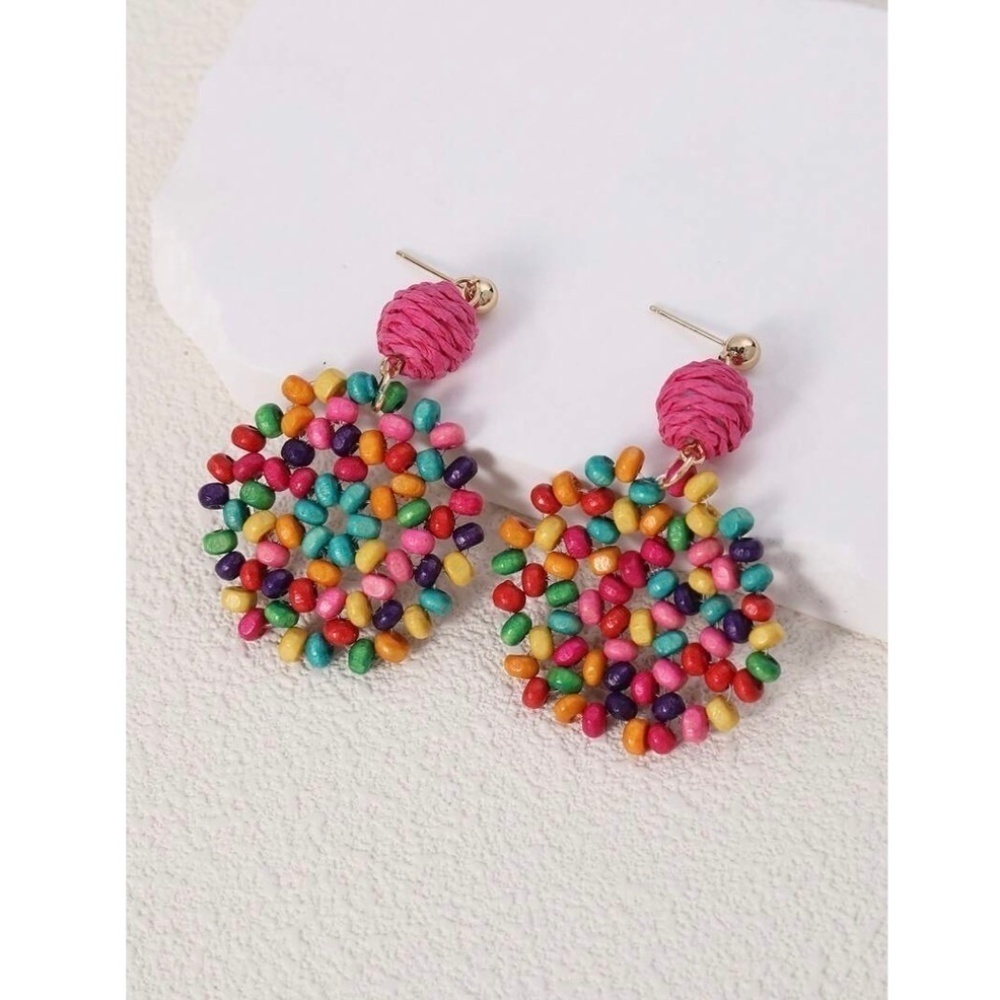 NEW Colorful Wooden Beaded Drop Dangle Earrings Balls Vacation Resortwear Travel